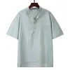 T-shirt da uomo in lino di lino T-shirt casual con scollo a V e bottoni T-shirt slim fit in lino di cotone manica corta Top maschile traspirante Y220214