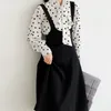 Women Set Tow Pieces Black Sleeveless Button Strap Skirt Bow Collar Long Sleeve Polka Dot Top T0444 210514