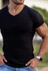 ジムTシャツの男性vネック半袖ニットTシャツスポーツスリムフィットTシャツ男性フィットネスボディービルビルディングトレーニングサマー衣類220505