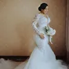 2021 Plus Size Arabic Aso Ebi Lace Beaded Mermaid Wedding Gowns Sheer Neck Long Sleeves Vintage Bridal Dresses ZJ566