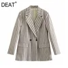 [Дикс] Весенняя мода пальто Свободные V-образные вырезы с двубортной полосой с длинным рукавом темперамент женщины Blazer 13C925 210527