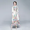 Spring Fashion Designer Turn Down Collar Belt Bow Dress Women Long Sleeve Vintgae Chain Flower Printed Holiday Party Dress 210514