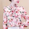 Blouse Women Bow V-neck Pink Print Chiffon Blouse Shirt Women Tops Long Sleeve Women Blouses Shirts Blusas Mujer Blusa D468 210426