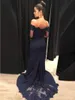 2021 Vintage Navy Blue Off Shoulder Mermaid Bridesmeisje Jurken Goedkope Lange Mouwen Kant Evening Prom Jurk Sexy Wedidng Gastjurk