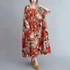 Johnature Femmes Vintage Robe Coton Mélange O-cou Demi Manches Imprimer Floral Robes Automne Lâche Femme Casual Robes 210521