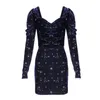 Navy Blue Black Star Velvet Long Sleeve Mini Short Pencil Dress V Neck Print Winter Autumn Elegant Sexy D0828 210514