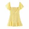 Przycisk Rękaw Rękaw Vintage Yellow Party Dress Kobiety Kwadratowy Kołnierz A-Line Krótki Mini Sukienka Koreańska Moda Damska Odzież 210415