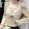 Vintage Fashion Women Velvet Blouse Black Mesh Patchwork Shirt Spring Autumn Chic Korean Blusas Lady Outwear Tops 210601