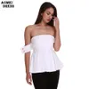 Lady Sexy Blouse Femmes Solide Blanc Hors de l'épaule S M L XL XXL Mode Femelle Wear Blusas Chemises Crop Tops 210416