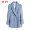 Tangada Dames Double Breasted Tweed Blue Blazers Coat Office Dame Lange Mouwen Zakken Vrouwelijke Bovenkleding Be508 211122