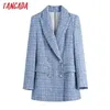 Tangada Women Double Breasted Tweed Blue Blazers Coat Office Lady Long Sleeve Pockets Female Outerwear BE508 211122