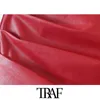 TRAF女性シックなファッションフェイクレザープリーツ非対称ミニスカートビンテージハイウエストバックジッパー女性スカートMujer 210415