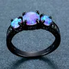 Exquisite Female Round Blue Fire Opal Fashion Ring Black Gold Filled Wedding Rings for Women Vintage Jewelry Anillos Mujer Q0708