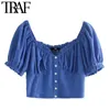 TRAF Mujer Botones de moda Decorar Blusas recortadas con volantes Vintage Cuello en V Manga de linterna Camisas femeninas Chic Tops 210415