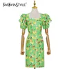 Casual Print Midi Dress For Women Square Collar Puff Short Sleeve High Waist Hit Color Dresses Female 210520