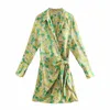 Vuwwyv wrap jurk vrouw groene print geplooide korte jurken vrouwen zomer lange mouw uitgaan dames mini vintage 210430