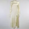 Casual Dresses 2021 Autumn Winter Elegant Silk for Women Luxury Designer L￥ng￤rmad Satin Ankel Lenght Zipper Fork Solid Dress
