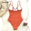 SEASELFIE Sexy Solid Orange Shirring V-neck Swimsuit Women Monokini Beach Bathing Suit Swimwear 210630