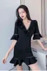 Mode Designer Runway Dress Summer Women V-Neck Half Sleeve Lace Slim Backless Packet Hip Elegant Fishtail Dress 210515