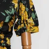 Vintage Print Summer Dress For Women V Neck Puff Short Sleeve Ruched Slim Midi Trumpet Female Fashion Clothing 210520