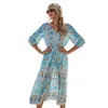 Sommar V-nacke High-Waist A-Line Beach Print Dress Pläterade Flared Sleeves Bohemian Midi Vestido Maxi es för kvinnor 210508