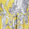 Gelbes Druckkleid für Frauen O-Ausschnitt Laterne Langarm Hohe Taille Schärpen Schlanke Minikleider Weibliche Mode 210520