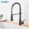 Kvalitet Svart Modern Kök Kran Singelhål Dra ut Spring Kranar Sink Mixer Tap Borstad Nickel / Black Mixer Tap Brass 210719