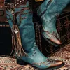Boots Lithing Boho Kvinnor Knä High Fashion Chaussure Booties Mid Heels Vintage PU Leather Retro Tassels Skor