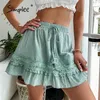 Casual Green Lace Patchwork A-Lijn Rok Zomer Elastische Taille Tassel Geprikkelde Mini S Lady Polka Dot Embroidery 210708