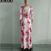 Boho秋の女性のドレス花のプリント3四半期袖VネックレディースマキシハイウエストサッシービーチホリデーAbiti 210515