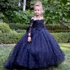 Lovely Puff Ball Gown Flower Girls Dresses Lace Applique Dot Tulle Pageant Gowns with Bow Sash Girl's Birthday Party Dress