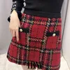 Vrouwen chique mode met zakken Tweed check mini rok vintage hoge taille back rits vrouwelijke rokken mujer 210507