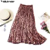 Leopard Print Pleated Skirts Women Spring Summer chiffon Midi Long Korean Elegant High Waist A-line Sun Skirt Female 210608