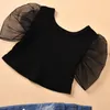 Klädsuppsättningar Mode Baby Girl Mesh Puff Short Sleeve Round Neck Crop Top Pocket Ripped Jeans Outfits Barnkläder 1-5t