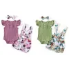 Vendita al dettaglio intero vestito del bambino neonati 3 pezzi set pagliaccetto pantaloni con bretelle floreali arco fasce per bambini Designer Abbigliamento Bambini coagulo1322323