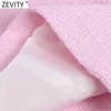 Frauen Süße Zweireiher Kerbkragen Rosa Tweed Woll Kurzer Blazer Mantel Vintage Weibliche Oberbekleidung Chic Tops CT681 210420