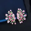 Symmetrical Punk Flower Green Pink Cubic Zirconia Large Stud Earrings for Women Luxury Jewelry Accessories CZ705 210714