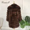 Kvinnors Fur Faux Classic Style Real Coat Medium Lång med Stand Krage Vinter Blå Tjock Varm Jacka