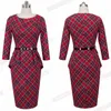 Trevligt för alltid höst vintage röd pläd peplum klänningar affärskontor bodycon monterade kvinnor penna klänning btyb267 210419