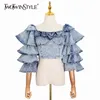 Patchwork Ruffle Sexy Denim Blouse For Women Square Collar Flare Sleeve Blouses Female Summer Clothing 210524