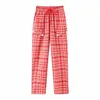 Kvinnor Retro Röd Plaid Suit Pants Casual High Waist All-Match Drawstring Straight Fashion Trousers 210531