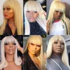 # 613 Işık Sarışın Uzun Ipeksi Düz Sentetik Saç Peruk Yok Dantel Tam Düzgün Bangs Moda kadın Isıya Dayanıklı Yedek Peruk Makinesi Yapılan
