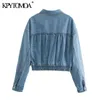 Women Fashion With Pockets Cropped Denim Jacket Coat Long Sleeve Elastic Hem Female Outerwear Chic Tops 210420