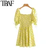 Traf kvinnor chic mode blommor tryck veckad miniklänning vintage puff ärmar elastiska midja kvinnliga klänningar vestidos 210415