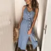 Sukienka Kobiety Stripe Drukowanie Off Ramię Maxi Sexy Spaghetti Strip V Neck Boho Es Diagonal Split Beach Sundress 210517