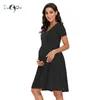 Women Short Sleeve Maternity Dress V-neck Casual Flowing Tunic Pregnancy Clothes High Waist Pleated Elegant Charming 210922