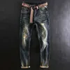 Italiensk stil mode män jeans retro elastisk smal passform rippad broderi designer patchwork vintage casual denim byxor