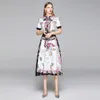 Pist Tasarım Çiçek Baskı Yaz Kadın Kısa Kollu Ilmek Vintage Parti Elbise Kadın Yüksek Bel Midi Elbise Vestidos 210514