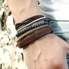 Touw Lederen Handgemaakte Gevlochten Multilayer Houten Kralen Charm Armbanden Retro Set voor Mannen Punk Verstelbare Bangle Party Sieraden