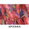 Kvinnor Chic Fashion Floral Print Wrap Chiffon Midi Vintage V Neck med bälte och foder kvinnlig klänning Veintidos 210416